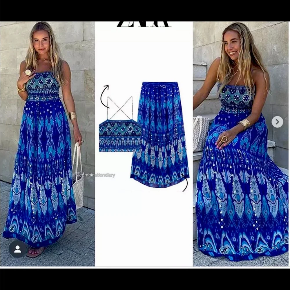 Zara long printed beaded skirt & Top Coord SET